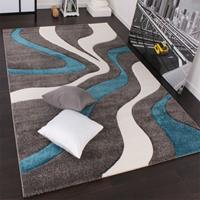 PACO HOME Designer Teppich mit Konturenschnitt Modern Grau Türkis Weiss