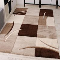 PACO HOME Designer Teppich mit Konturenschnitt Karo Muster Braun Beige