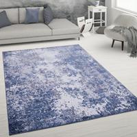 PACO HOME Teppich Wohnzimmer Kurzflor Vintage Abstrakter Used-Look Blau Creme