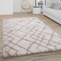 PACO HOME Hochflor Teppich Wohnzimmer Shaggy Skandi Rauten Muster Used Look Creme Beige 80 cm Rund