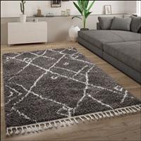 PACO HOME Hochflor Teppich Wohnzimmer Shaggy Skandinavisch Fransen Abstrakt Anthrazit 80x150 cm