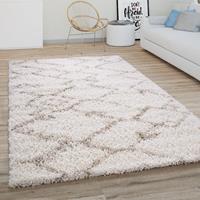 PACO HOME Hochflor Teppich Wohnzimmer Shaggy Modernes Skandi Rauten Muster Creme Beige 120 cm Rund