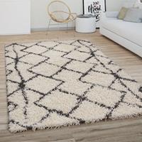 PACO HOME Hochflor Teppich Wohnzimmer Shaggy Modernes Skandi Rauten Muster Creme Anthrazit 60x100 cm