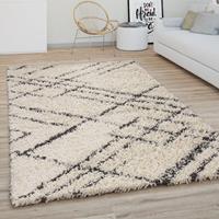 PACO HOME Hochflor Teppich Wohnzimmer Shaggy Skandi Raute Muster Used Look Creme Anthrazit 60x100 cm