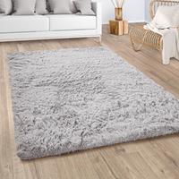 PACO HOME Hochflor Teppich Wohnzimmer Shaggy Kunstfell Fell Flauschig Silber Grau 140x200 cm