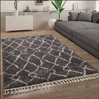 PACO HOME Hochflor Teppich Wohnzimmer Shaggy Skandinavisch Fransen Abstrakt Anthrazit 60x100 cm