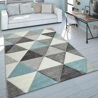 PACO HOME Kurzflor Teppich Wohnzimmer Türkis Grau Pastellfarben Rauten Dreieck Design 80x300 cm