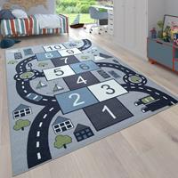 PACO HOME Kinder-Teppich Für Kinderzimmer, Spiel-Teppich Mit Hüpfkästchen und Straßen, Grau 80x150 cm