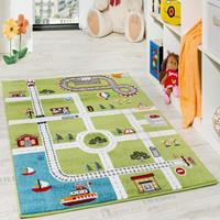 PACO HOME Kinderteppich Spielteppich Straßenteppich Stadt Straße Grau Grün 80x150 cm
