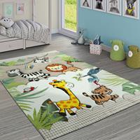PACO HOME Kinderteppich Kinderzimmer Dschungel Tiere Giraffe Löwe Affe Zebra Beige Creme 80x150 cm