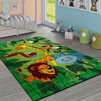 PACO HOME Kinderteppich Kinderzimmer Dschungel Tiere Giraffe Löwe Affe Nilpferd Grün 160x230 cm