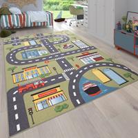 PACO HOME Teppich Kinderzimmer Kinderteppich Spielteppich Straßen Und Auto Motiv Grün Grau 100x200 cm