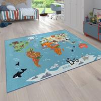 PACO HOME Kinder-Teppich Für Kinderzimmer, Spiel-Teppich, Weltkarte Mit Tieren, In Türkis 100x200 cm