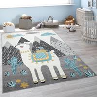 PACO HOME Kinderteppich, Teppich Kinderzimmer Lama Berge Kinder-Motiv, Grau Türkis Gelb 80x150 cm