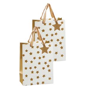 Cepewa Set van 4x stuks papieren giftbags/cadeau tasjes goud met sterretjes 26 x 32 x 12 cm -