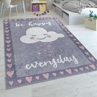 PACO HOME Kinderteppich, Spielteppich Für Kinderzimmer, Spruch-Motiv Und Wolke, Grau Rosa 120x160 cm