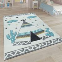 PACO HOME Kinder-Teppich, Kinderzimmer Pastell Farben, Indianer-Zelt Motiv 3-D, in Cream Grau 133 cm Quadrat