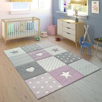 PACO HOME Kinderteppich Kinderzimmer Kariert Punkte Herzen Sterne In Pastell Lila Grau 80x150 cm