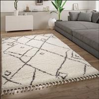 PACO HOME Hochflor Teppich Wohnzimmer Shaggy Skandinavisch Fransen Abstraktes Muster Creme 80x150 cm