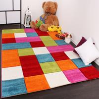 PACO HOME Kinder Teppich Karo Design Multicolour Grün Rot Grau Schwarz Creme Pink 133 cm Quadrat