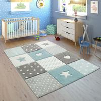 PACO HOME Kinderteppich Teppich Kinderzimmer 3D Konturenschnitt Kariert Punkte Herzen Sterne Pastell Blau 80x150 cm