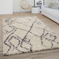 PACO HOME Hochflor Teppich Wohnzimmer Shaggy Langflor Modernes Boho Skandi Rauten Muster 80 cm Rund, Creme Anthrazit - 