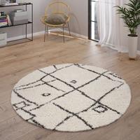 PACO HOME Hochflor Teppich Wohnzimmer Shaggy Skandinavisch Fransen Flauschig Modern 120 cm Rund, Creme 2 - 