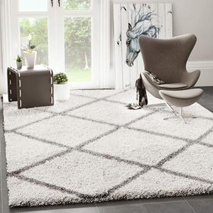 vimoda Hochflor Teppich Weicher Wohnzimmer Shaggy Skandi Design Rautenmuster Grau Creme ,60x100 cm