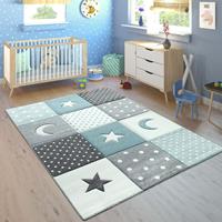 PACO HOME Kinderteppich Teppich Kinderzimmer Pastell Kariert Punkte Mond Sterne WeiÃŸ Grau Blau Ã 120 cm Rund - 