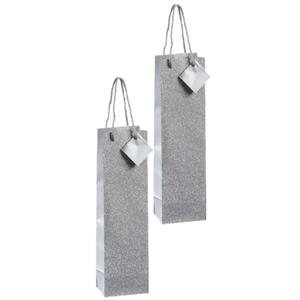 Cepewa Set van 4x stuks luxe papieren wijn/drank giftbags/cadeau tasjes zilver met glitters 10 x 35 x 8 cm -