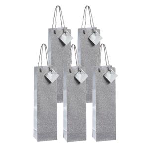 Cepewa Set van 8x stuks luxe papieren wijn/drank giftbags/cadeau tasjes zilver met glitters 10 x 35 x 8 cm -