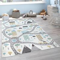 PACO HOME Kinderteppich Teppich Kinderzimmer Spielteppich Pastell Autos Creme Petrol Grau 80x150 cm - 