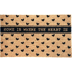 Clayre & Eef Deurmat Binnen 75*45*1 cm Bruin Kokosvezel, Pvc Rechthoek Hartjes Home is where the Heart is Droogloopmat