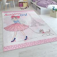 PACO HOME Kinderteppich Kinderzimmer Teppich Mädchen Pastell Modern Eiffelturm Hund Rosa Blau 140x200 cm