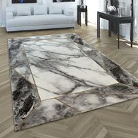 PACO HOME Teppich Wohnzimmer Kurzflor Marmor Design Bordüre Geometrisch Grau Gold 120 cm Rund
