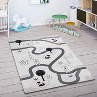 PACO HOME Kinderteppich Kinderzimmer Teppich Spielmatte Straßenteppich Rutschfest Weiß Grau 80 cm Rund
