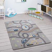 PACO HOME Kinderteppich Kinderzimmer Teppich Spielmatte Spielteppich Straßenteppich Grau Grün 120 cm Rund - 