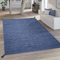 PACO HOME Teppich Wohnzimmer Modern Einfarbig Mit Fransen Baumwolle Webteppich In Blau 160x220 cm