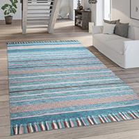 PACO HOME Teppich Wohnzimmer Moderne Streifen Optik Mit Fransen Baumwolle Webteppich Grün 200x290 cm - 