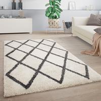 PACO HOME Hochflor Teppich Wohnzimmer Shaggy Skandinavisches Muster Rautenmotiv Grau Weiß 140x200 cm - 