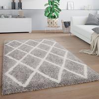 PACO HOME Hochflor Teppich Wohnzimmer Shaggy Skandinavisch Muster Raute Weiß Anthrazit 160x220 cm - 