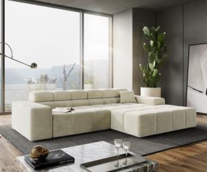 DELIFE Ecksofa Phia 280x180 cm Strukturstoff Beige Recamiere rechts mit motorischer Sitztiefenverstellung