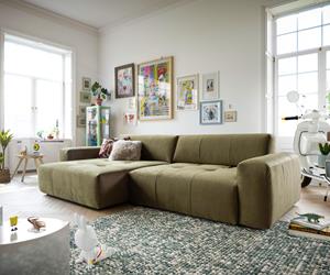 DELIFE Ecksofa Lazaro 300x160 cm Samt Olive Ottomane links mit Sitztiefenverstellung