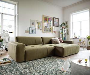 DELIFE Ecksofa Lazaro 300x160 cm Samt Olive Ottomane rechts mit Sitztiefenverstellung