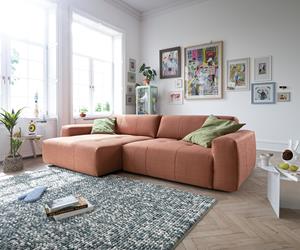 DELIFE Ecksofa Lazaro 300x160 cm Flachgewebe Orange Ottomane links mit Sitztiefenverstellung