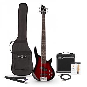 Gear4Music Chicago Basgitaar + 15 W Versterkerpakket Trans Red Burst