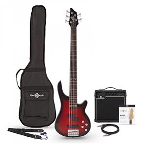 Gear4Music Chicago 5-snarige Basgitaar Trans Red + 15 W Versterkerpakket van 