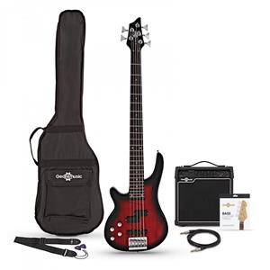 Gear4Music Chicago 5-snarige Linkshandige Trans Red Basgitaar + 15 W Versterker van 