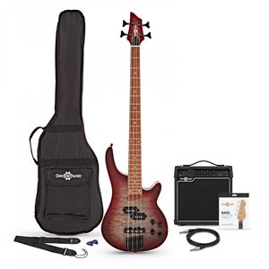 Gear4Music Chicago Select Basgitaar + Versterkerpakket Reverse Red Burst