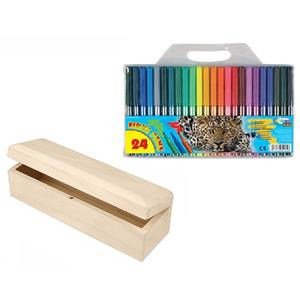 Houten tekenen stiften opbergdoosje 20 x 6 cm met 24x gekleurde viltstiften -